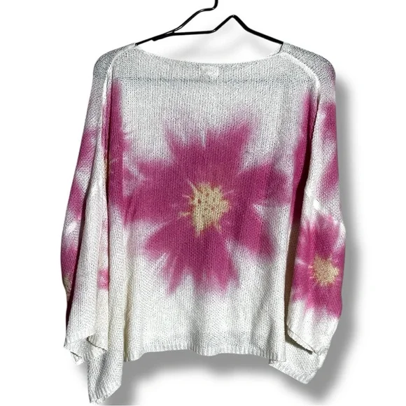 Pol Floral Pink and White Sheer Knit Women's Poncho Style 3/4 Sleeve Top - Picture 16 of 16